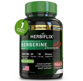 Herbiflix Berberine HCL 1200mg supplement bottle (60 capsules) with a hanging "1 Month Supply" green tag.