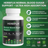 Herbiflix Normal Blood Sugar Support supplement bottle with green background and product features listed.