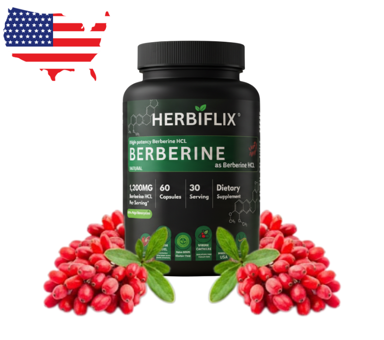 Herbiflix Berberine HCL 1200mg bottle front view with key benefits