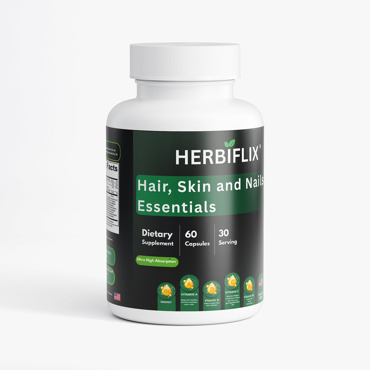 Herbiflix Hair, Skin & Nails Essentials - Biotin, Vitamins & Botanical Complex - Supports Elasticity & Glow - 60 Capsules