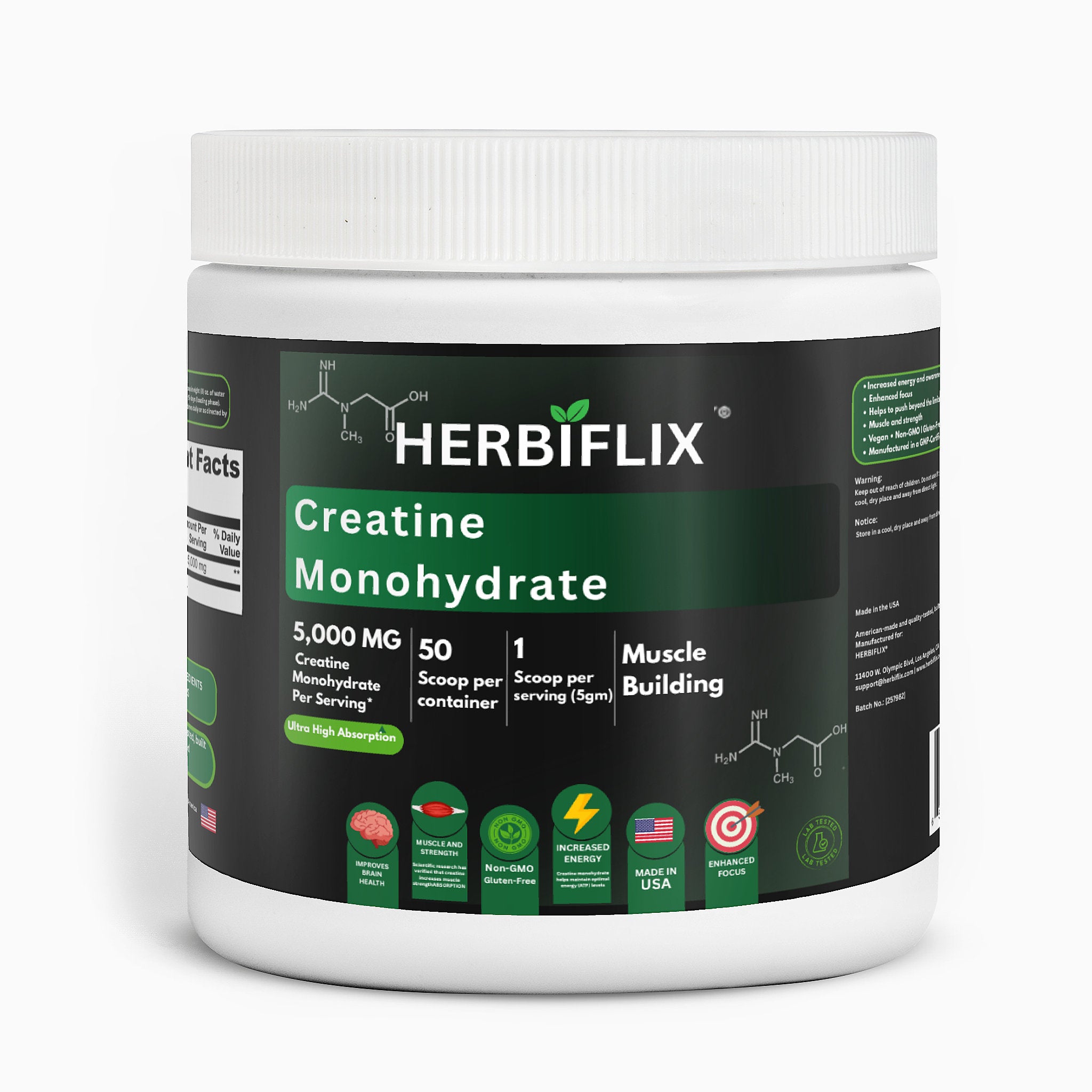 Herbiflix Creatine Monohydrate supplement container on a white background