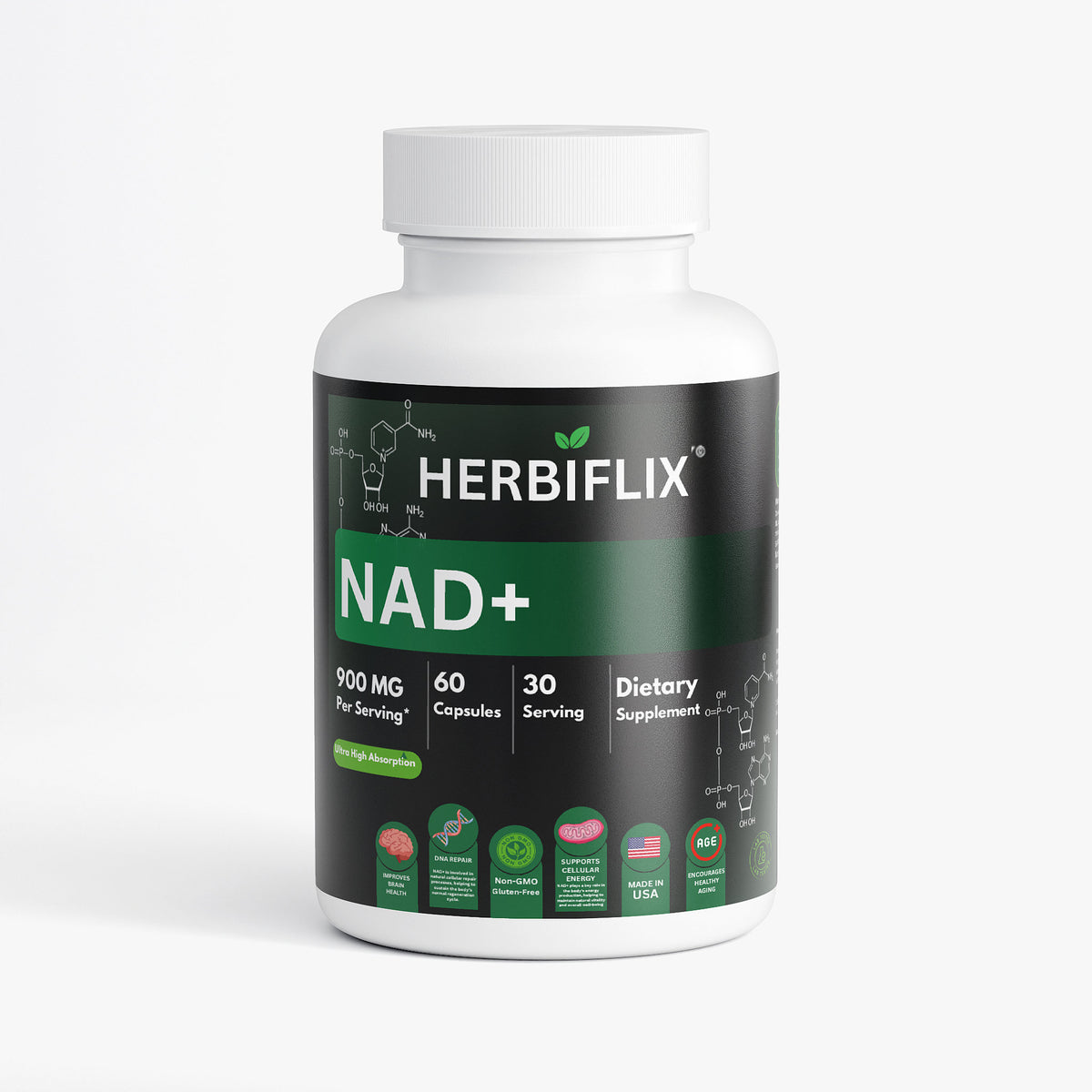 Herbiflix NAD+ 500mg Complex - With Quercetin & Resveratrol - Cellular Energy & Metabolic Support - 60 Capsules