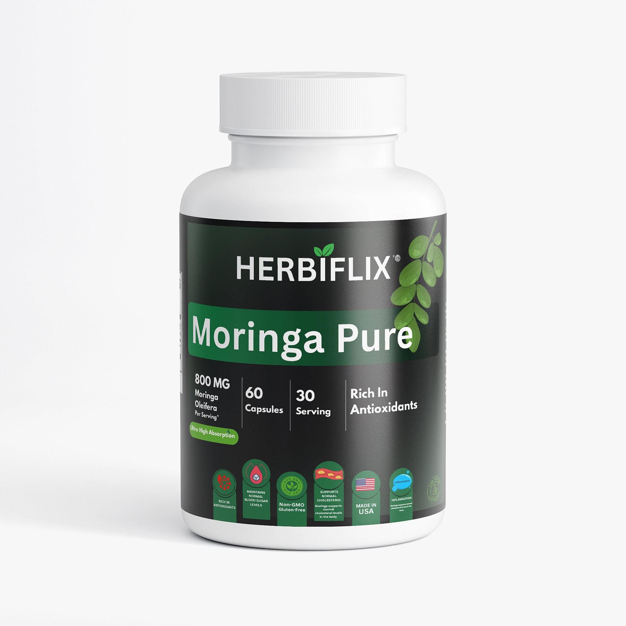 Herbiflix Moringa Pure supplement bottle on a white background