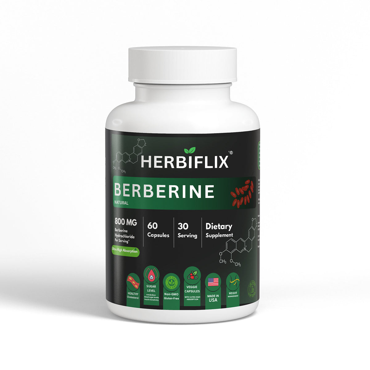 Herbiflix High Potency Berberine HCL - Granular Extract Formula - Metabolic & Cardiovascular Support - 60 Capsules