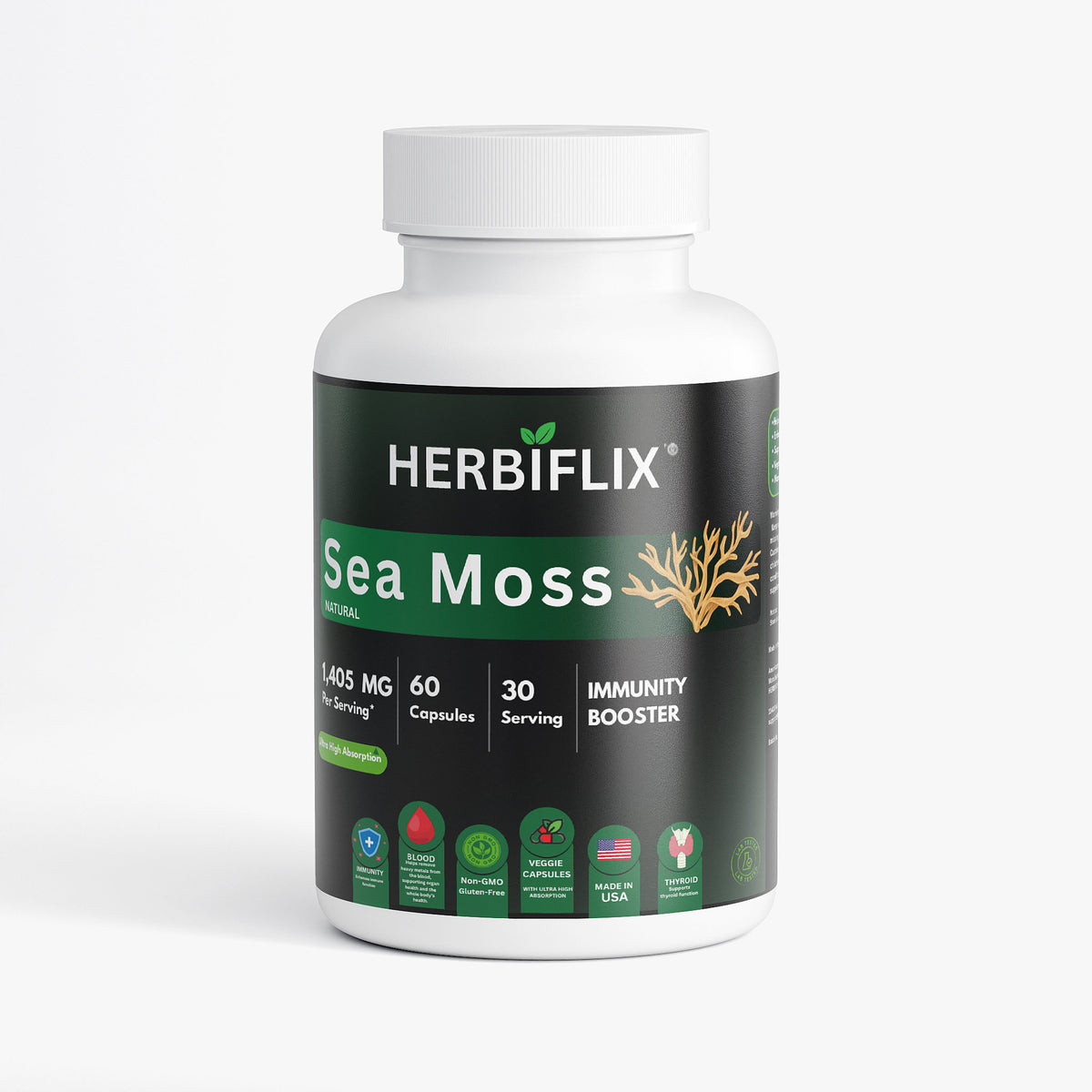 Herbiflix Organic Sea Moss Complex - With Bladderwrack, Burdock Root & BioPerine - Thyroid & Immune Support - 60 Capsules