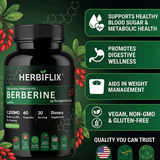 Herbiflix Berberine HCL 1200mg – 60 Vegan Capsules | Supports Health, Heart & Metabolic Health