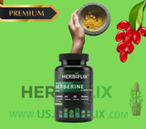 Herbiflix Berberine supplement bottle with a hand holding a bowl of powder on a green background.