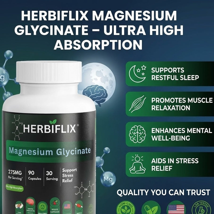 Herbiflix Magnesium Glycinate supplement bottle with product details on a blue background