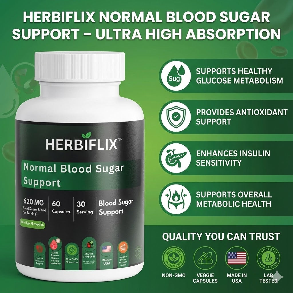 Herbiflix Normal Blood Sugar Support supplement bottle with green background and product features listed.