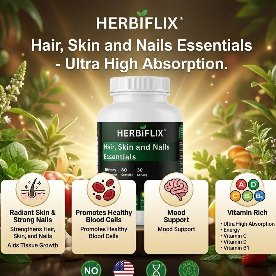 HERBIFLIX Hair, Skin and Nails Essentials supplement bottle with product features displayed against a natural background.