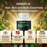 HERBIFLIX Hair, Skin and Nails Essentials supplement bottle with product features displayed against a natural background.