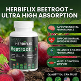 HERBIFLIX Beetroot supplement bottle with beetroot vegetables and product benefits on a green background