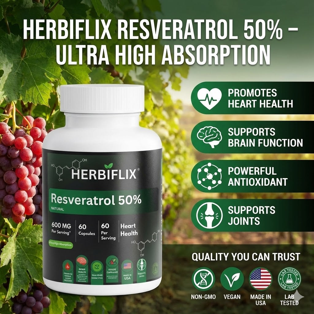 Herbiflix Resveratrol supplement bottle with health benefits listed on a natural background