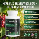 Herbiflix Resveratrol supplement bottle with health benefits listed on a natural background