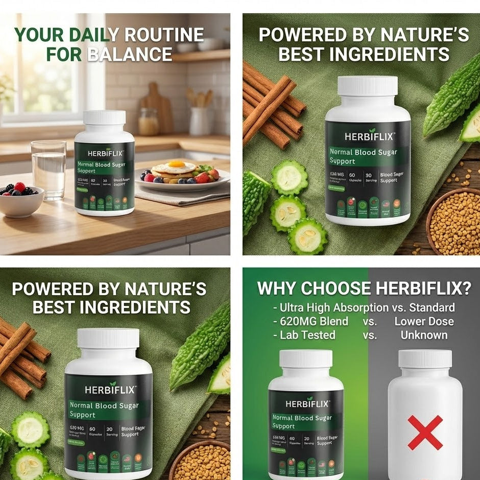 HERBIFLIX supplement bottle with nature-themed elements and text on a collage.